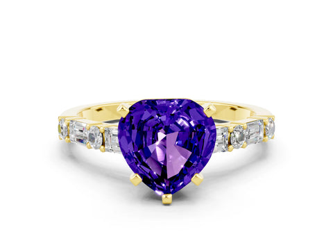 Yellow gold Heart Cut Tanzanite Solitaire with Side Baguettes and Channel Set Band