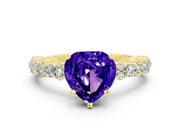 Yellow gold Heart Cut Tanzanite Side Stone Solitaire Ring with Round  and Four-Prong Setting