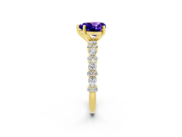 Yellow gold Heart Cut Tanzanite Side Stone Solitaire Ring with Round  and Four-Prong Setting