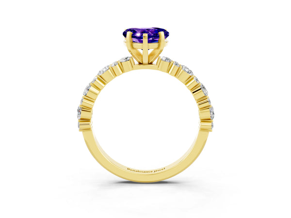 Yellow gold Heart Cut Tanzanite Side Stone Solitaire Ring with Round  and Four-Prong Setting