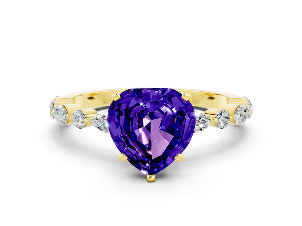 Yellow gold Heart Cut Tanzanite Ring with Marquise and Round  Side Stones and Four-Prong Setting