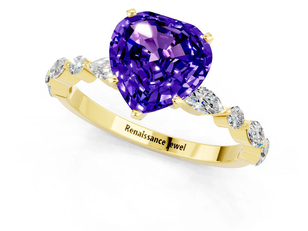 Yellow gold Heart Cut Tanzanite Ring with Marquise and Round  Side Stones and Four-Prong Setting