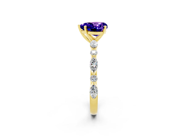 Yellow gold Heart Cut Tanzanite Ring with Marquise and Round  Side Stones and Four-Prong Setting