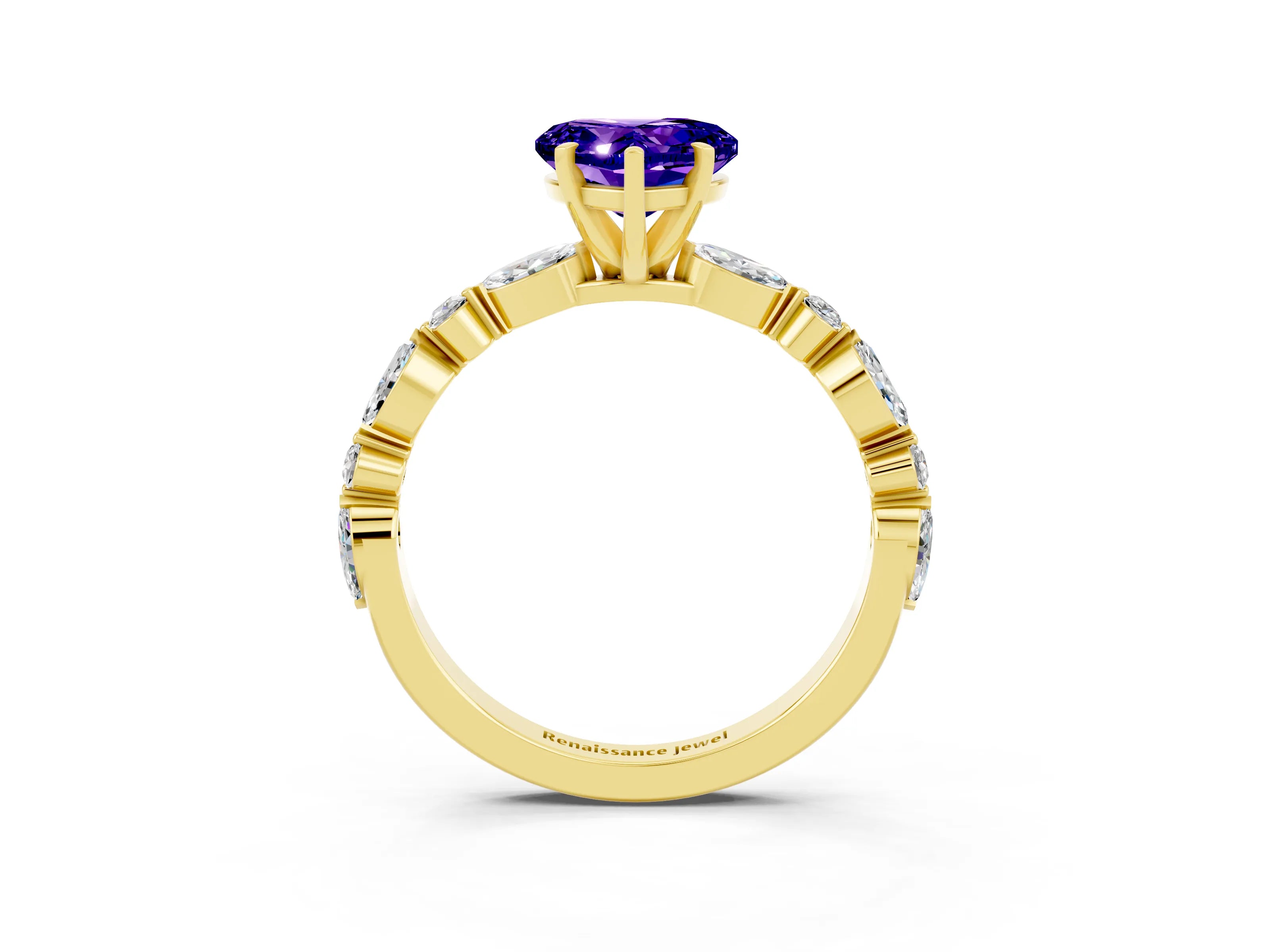 Yellow gold Heart Cut Tanzanite Solitaire with Side Stones on a Pavé Band and Four-Prong Setting_3
