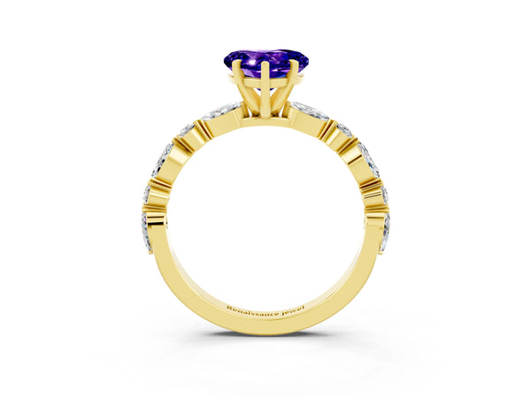 Yellow gold Heart Cut Tanzanite Ring with Marquise and Round  Side Stones and Four-Prong Setting