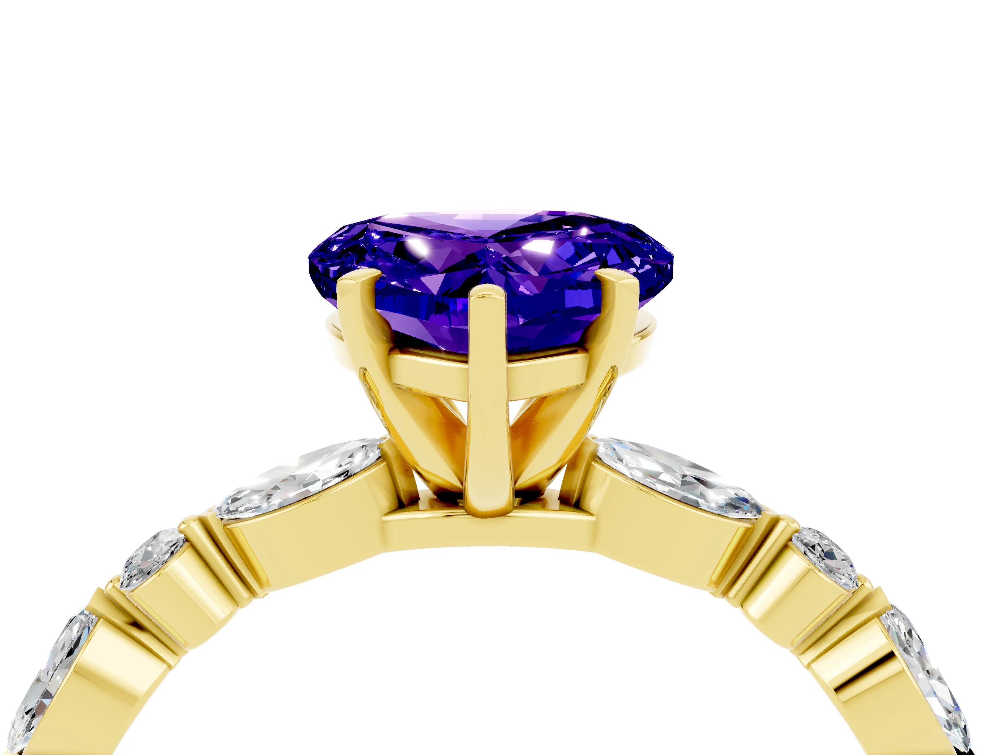 Yellow gold Heart Cut Tanzanite Solitaire with Side Stones on a Pavé Band and Four-Prong Setting_4
