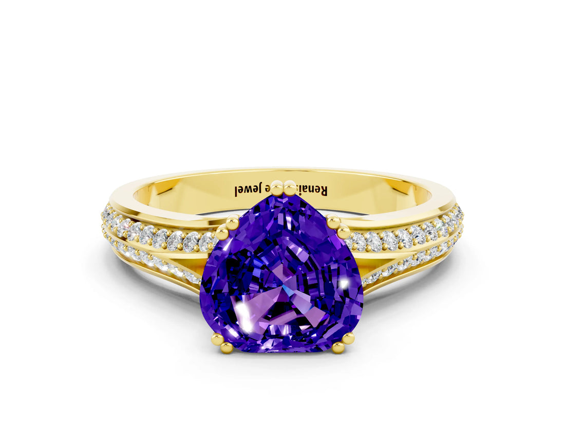 Yellow gold Heart Cut Tanzanite Split Shank Engagement Ring with Pavé Band