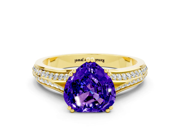 Yellow gold Heart Cut Tanzanite Split Shank Engagement Ring with Pavé Band