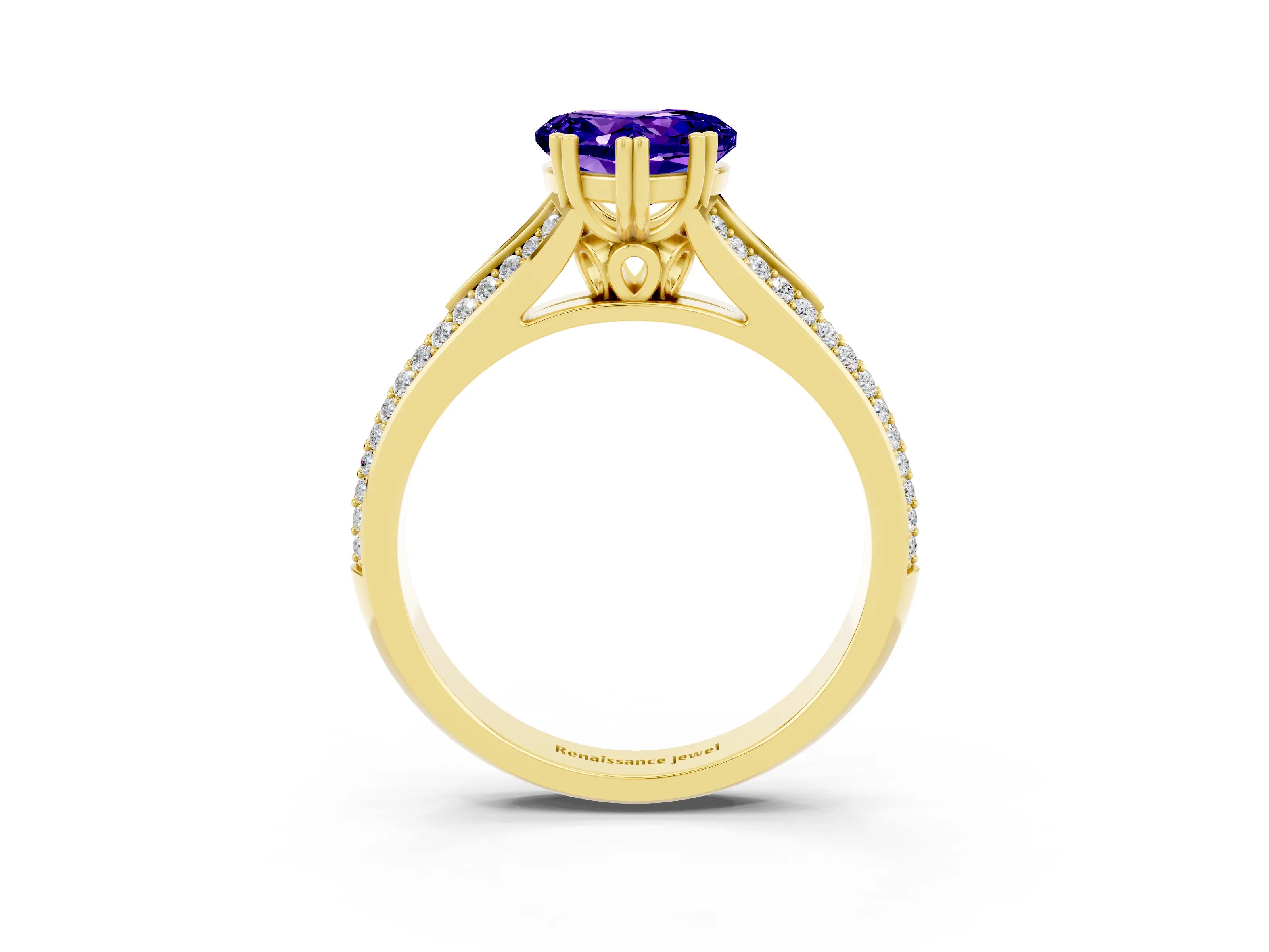 Yellow gold Heart Cut Tanzanite Split Shank Engagement Ring with Pavé Band_3