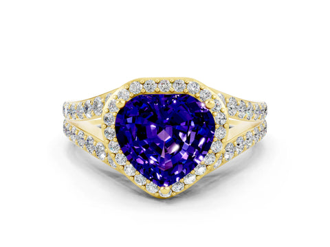 Yellow gold Heart Cut Tanzanite Split Shank Halo Ring with Four-Prong Setting_12