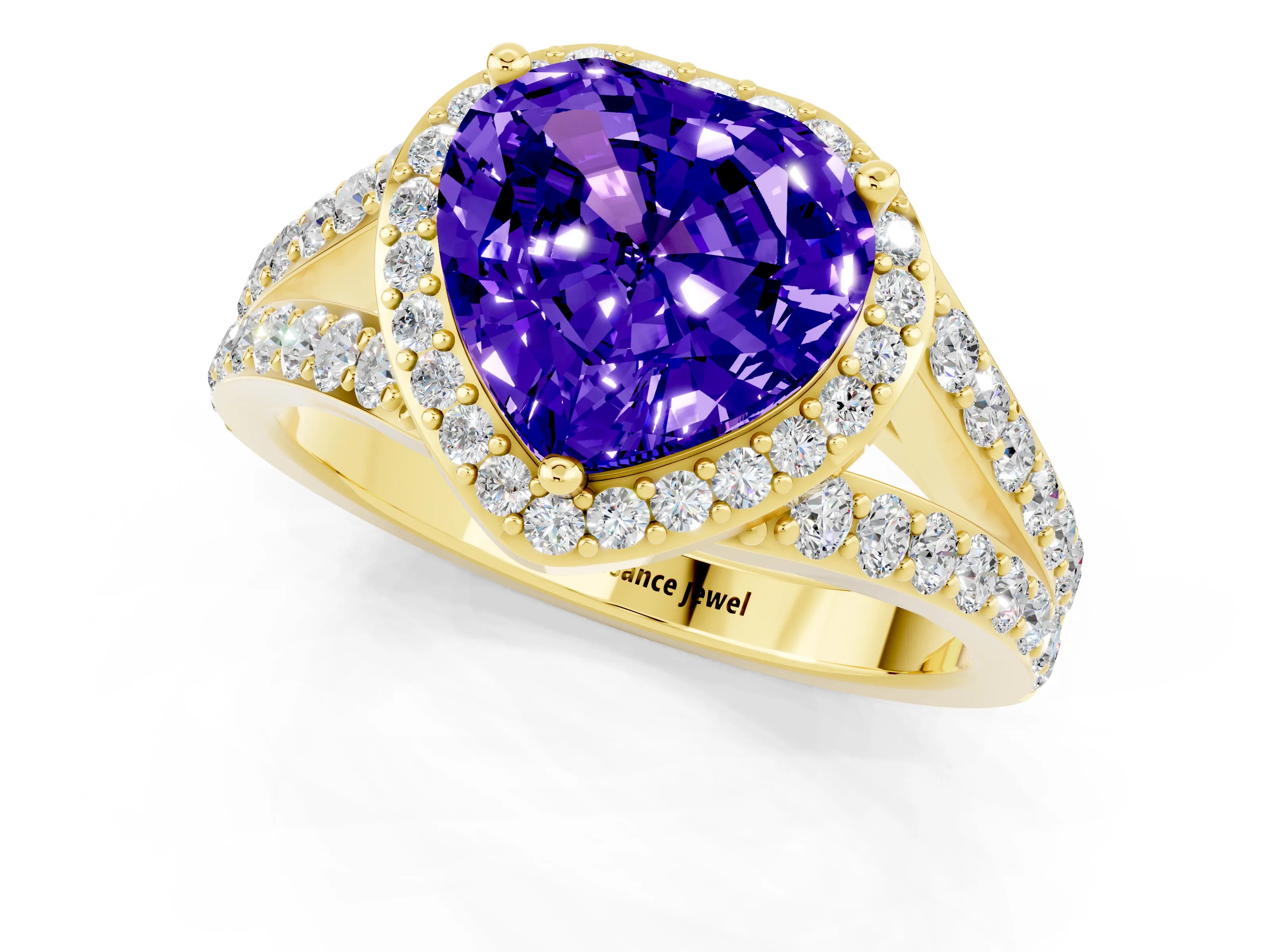 Yellow gold Heart Cut Tanzanite Split Shank Halo Ring with Four-Prong Setting_13
