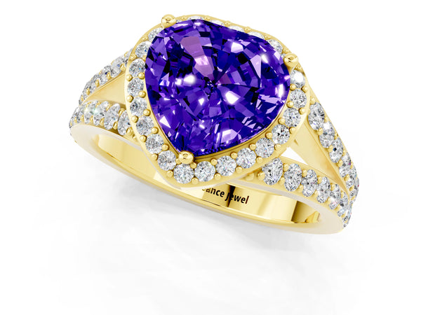 Yellow gold Heart Cut Tanzanite Split Shank Halo Ring with Four-Prong Setting