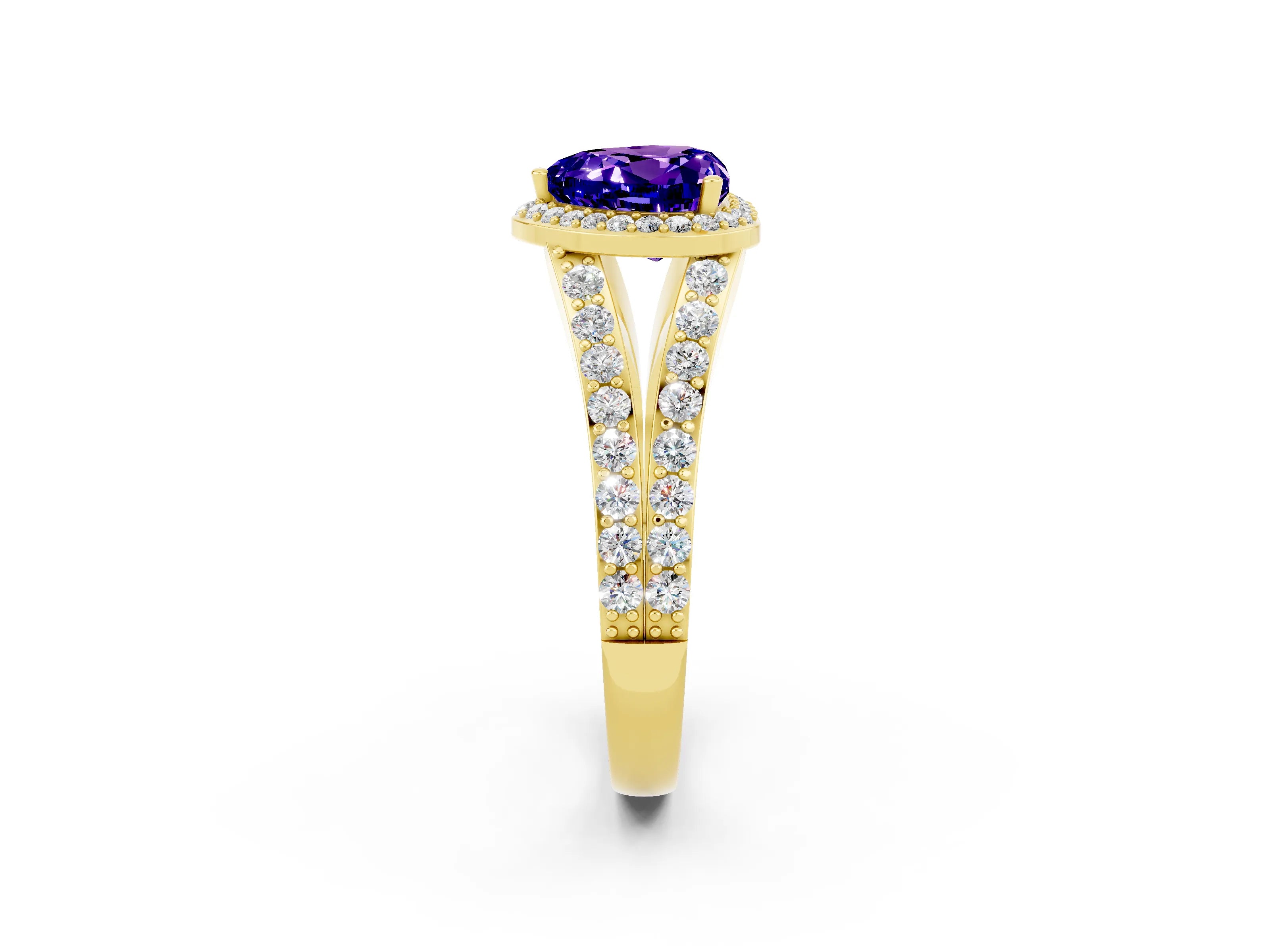 Yellow gold Heart Cut Tanzanite Split Shank Halo Ring with Four-Prong Setting_14