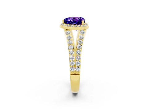 Yellow gold Heart Cut Tanzanite Split Shank Halo Ring with Four-Prong Setting_14
