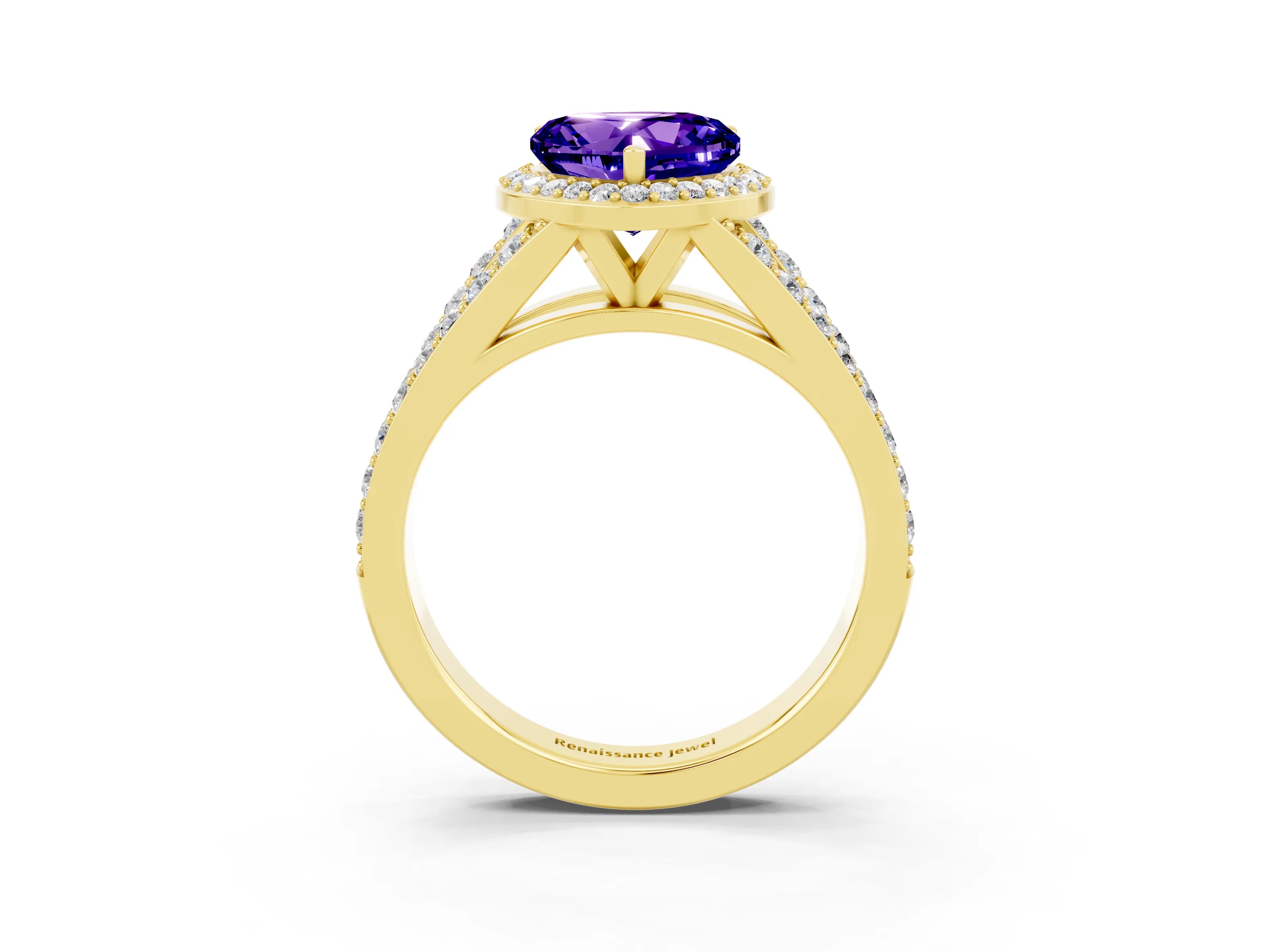 Yellow gold Heart Cut Tanzanite Split Shank Halo Ring with Four-Prong Setting_15