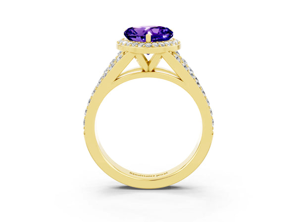 Yellow gold Heart Cut Tanzanite Split Shank Halo Ring with Four-Prong Setting