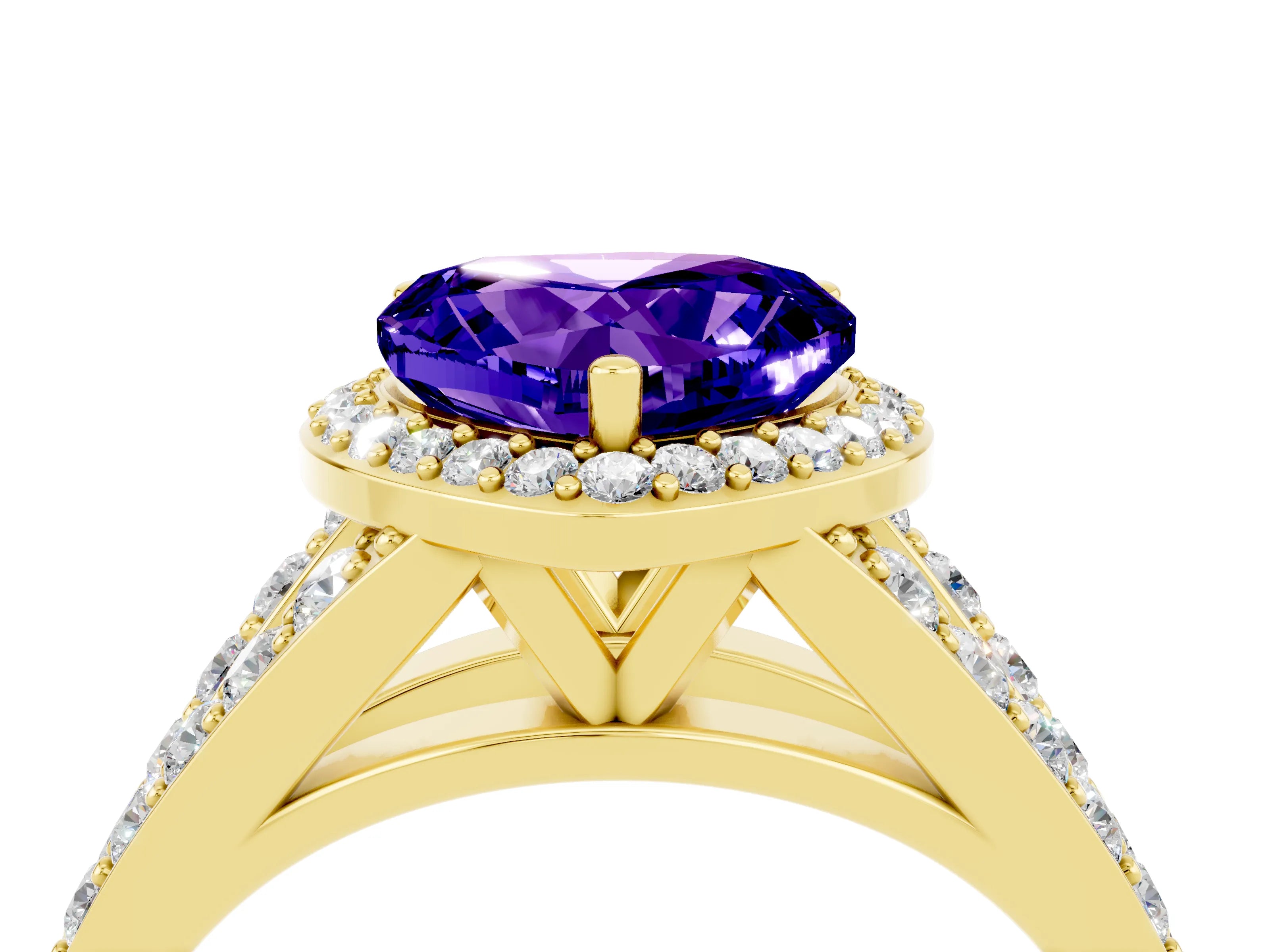 Yellow gold Heart Cut Tanzanite Split Shank Halo Ring with Four-Prong Setting_16