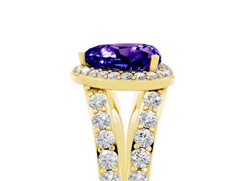 Yellow gold Heart Cut Tanzanite Split Shank Halo Ring with Four-Prong Setting_17