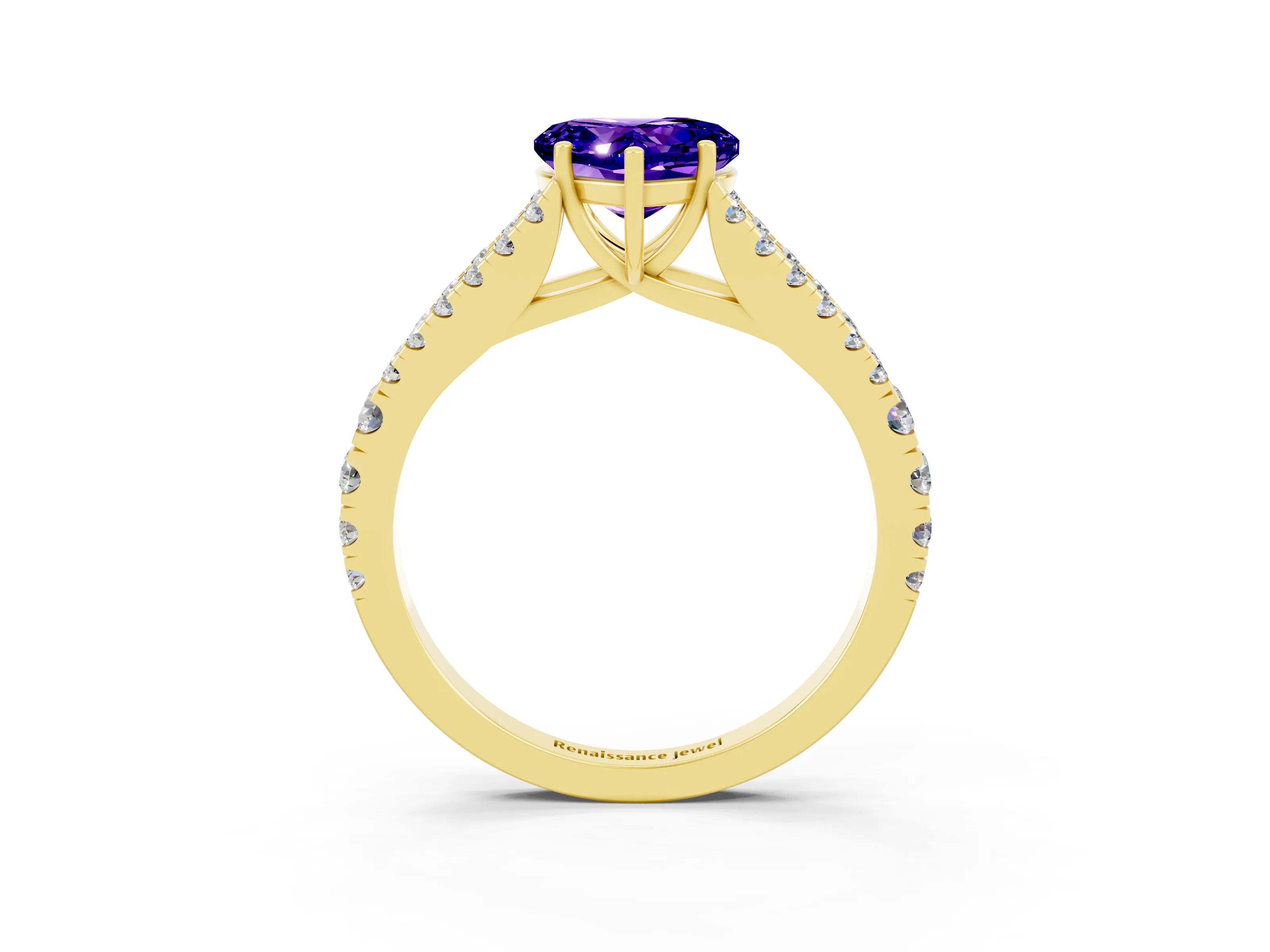 Yellow gold Heart Cut Tanzanite Split Shank Pavé Engagement Ring with Four-Prong Setting_15