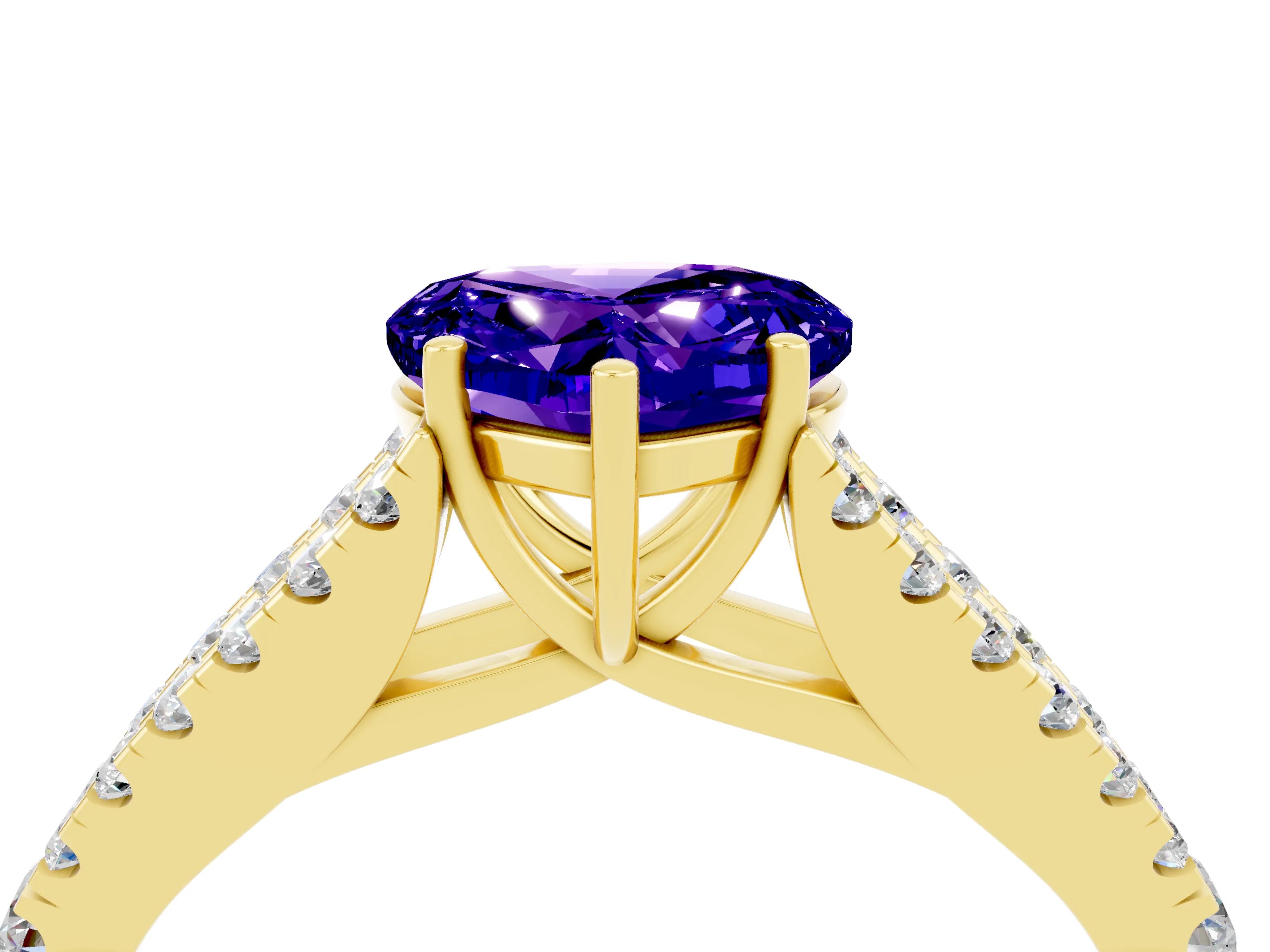 Yellow gold Heart Cut Tanzanite Split Shank Pavé Engagement Ring with Four-Prong Setting_16