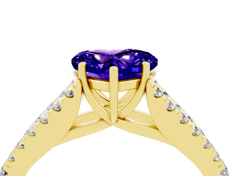 Yellow gold Heart Cut Tanzanite Split Shank Pavé Engagement Ring with Four-Prong Setting_16