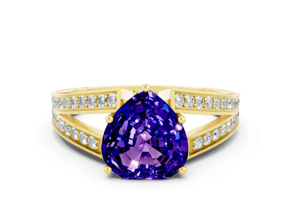 Yellow gold Heart Cut Tanzanite Split Shank Ring with Pavé Band and Four-Prong Setting