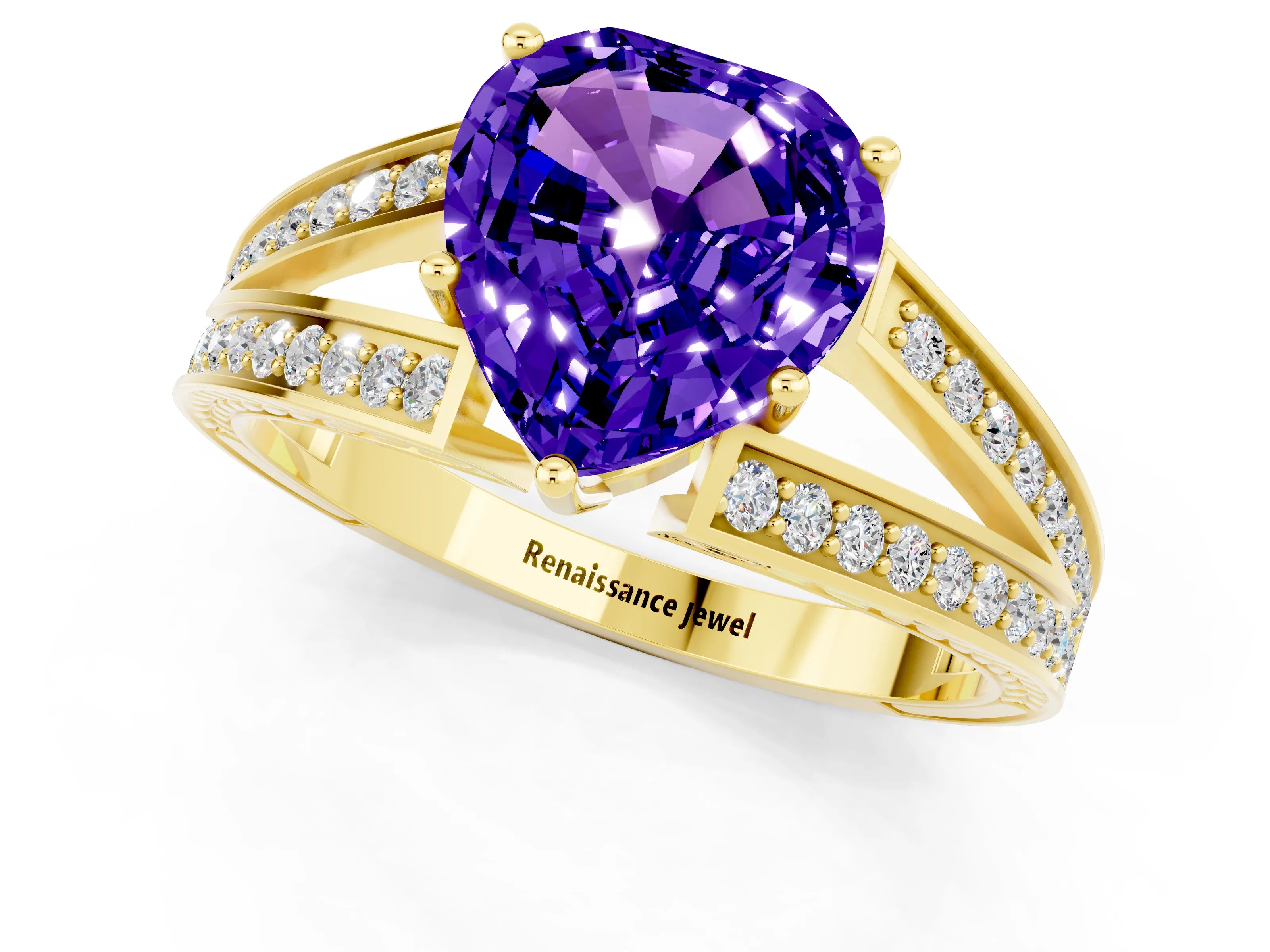 Yellow gold Heart Cut Tanzanite Split Shank Ring with Pavé Band and Four-Prong Setting_1