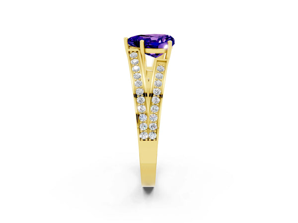 Yellow gold Heart Cut Tanzanite Split Shank Ring with Pavé Band and Four-Prong Setting