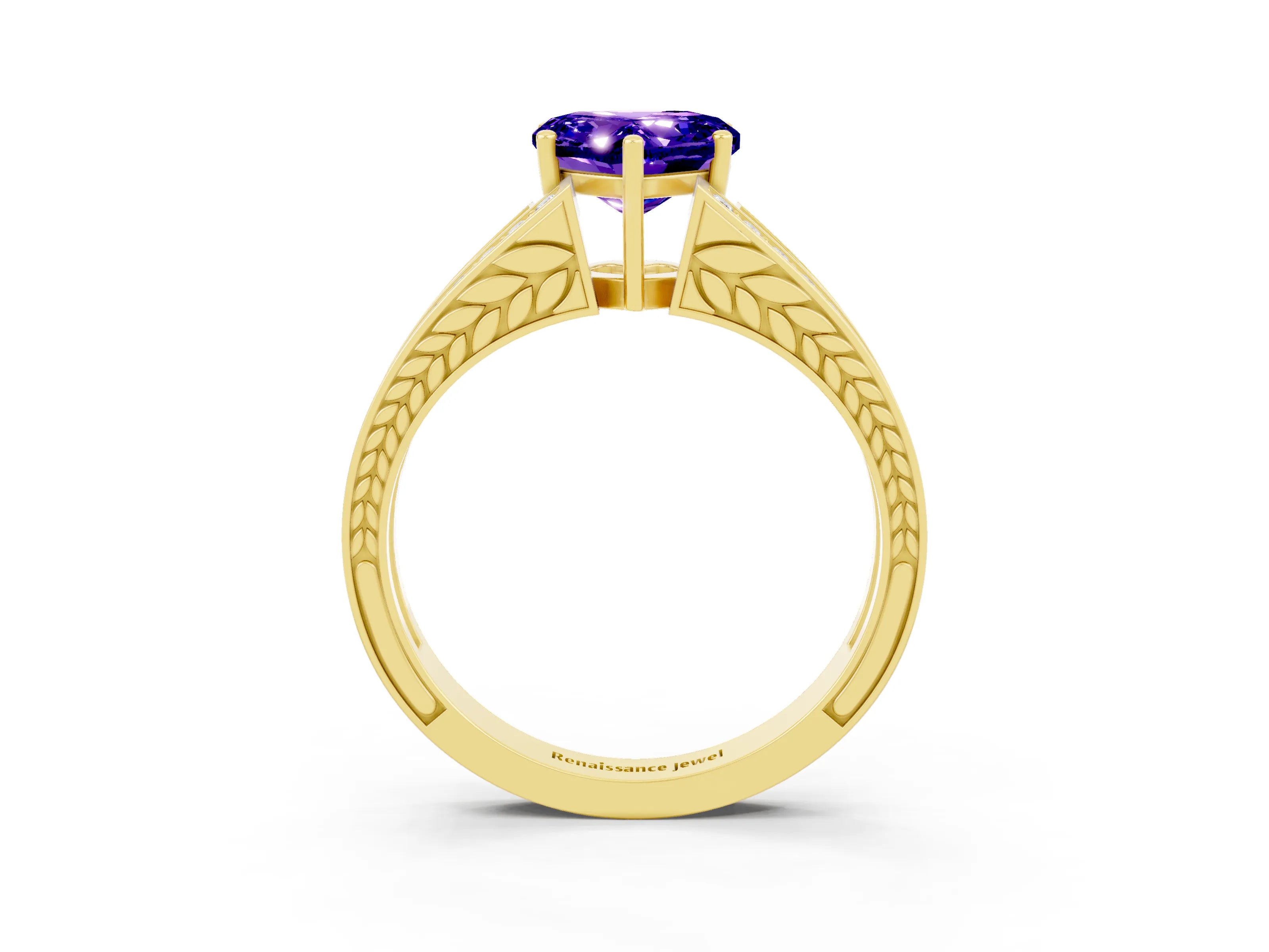 Yellow gold Heart Cut Tanzanite Split Shank Ring with Pavé Band and Four-Prong Setting_3