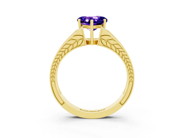 Yellow gold Heart Cut Tanzanite Split Shank Ring with Pavé Band and Four-Prong Setting