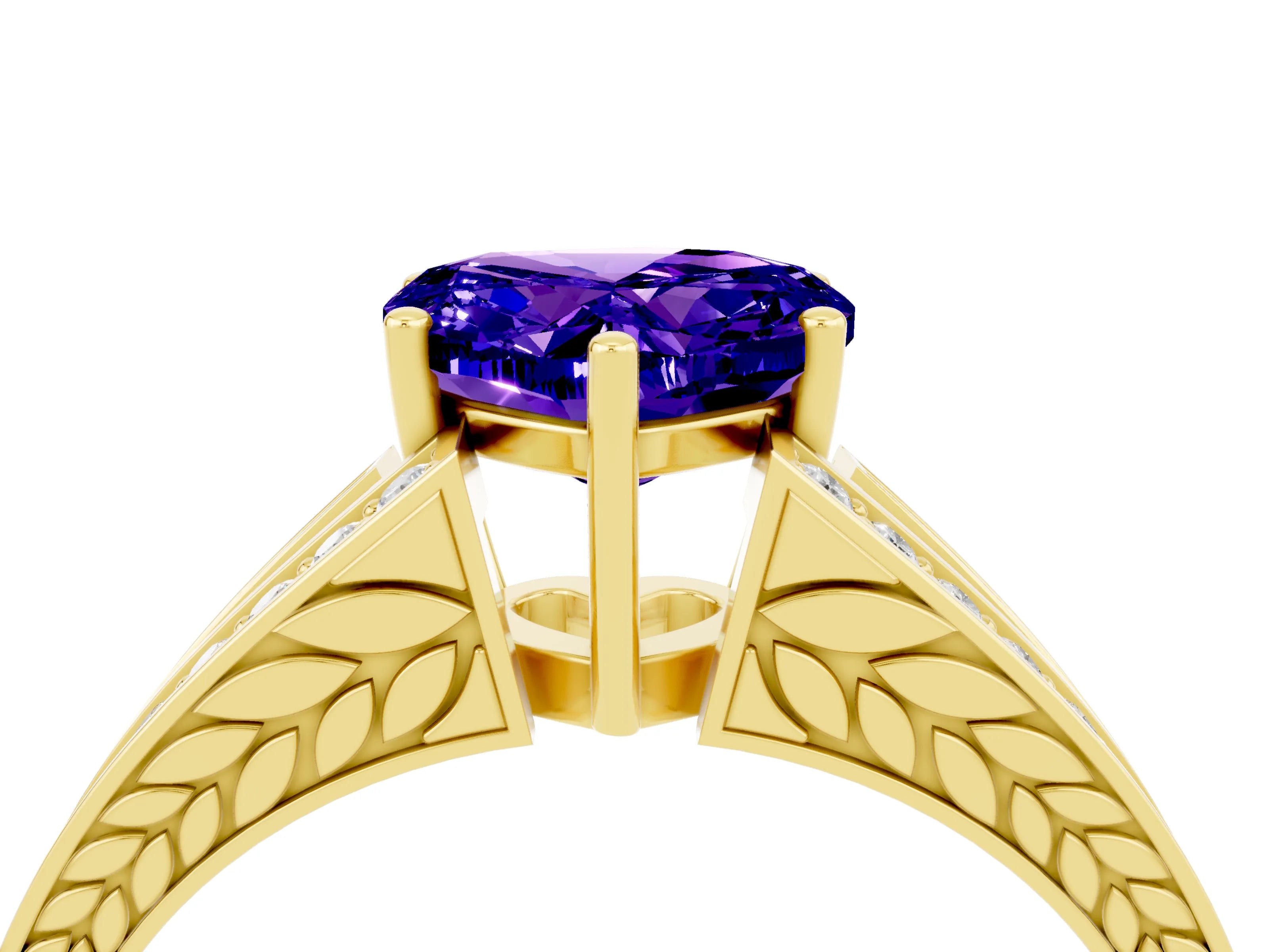 Yellow gold Heart Cut Tanzanite Split Shank Ring with Pavé Band and Four-Prong Setting_4