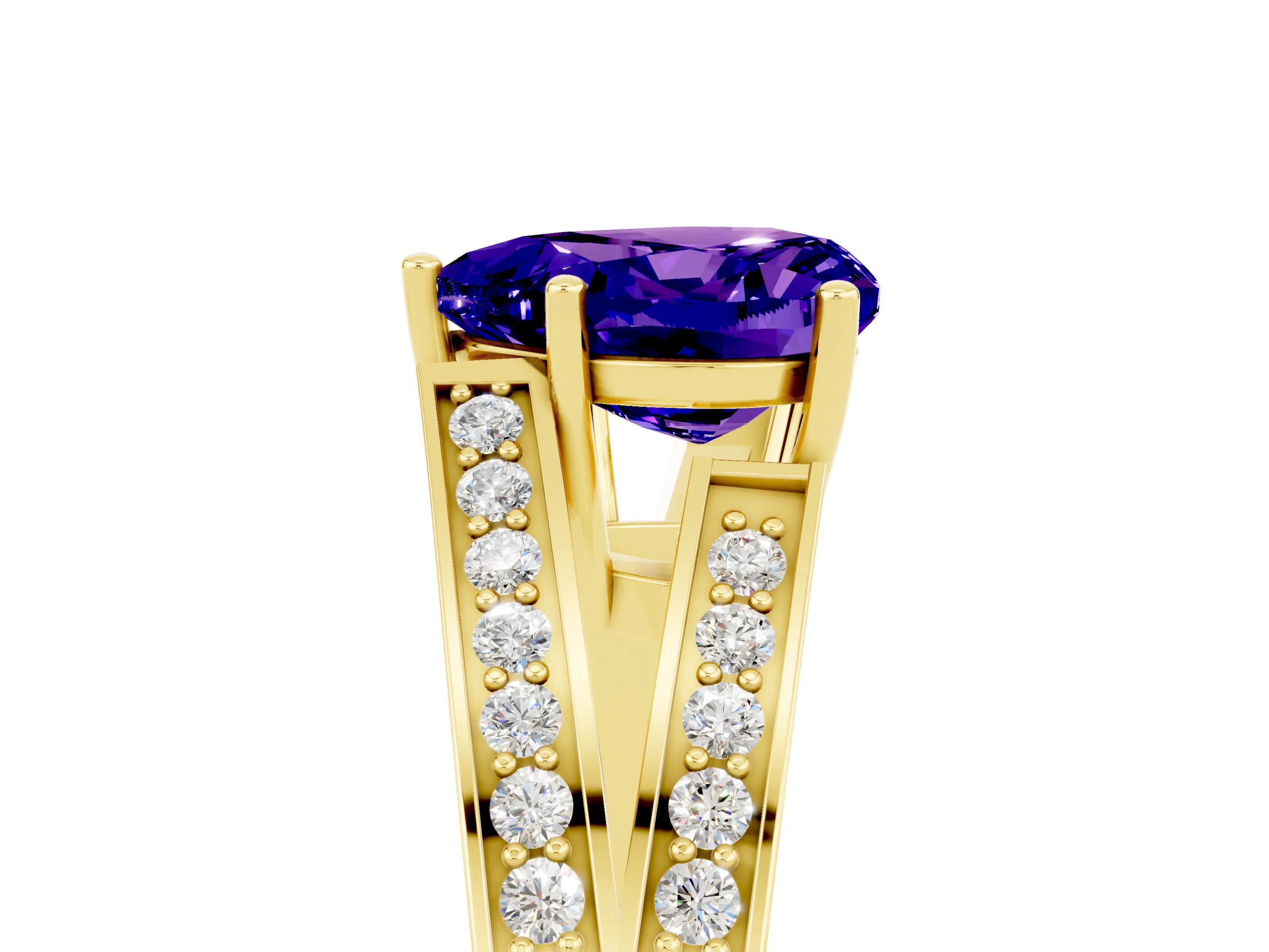 Yellow gold Heart Cut Tanzanite Split Shank Ring with Pavé Band and Four-Prong Setting_5