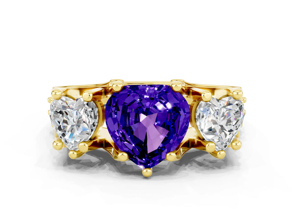 Yellow gold Heart Cut Tanzanite Three-Stone Ring with Channel Set Band and Four-Prong Setting