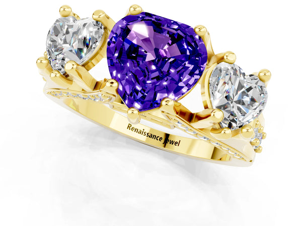 Yellow gold Heart Cut Tanzanite Three-Stone Ring with Channel Set Band and Four-Prong Setting