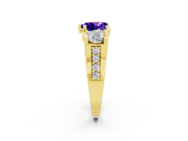 Yellow gold Heart Cut Tanzanite Three-Stone Ring with Channel Set Band and Four-Prong Setting