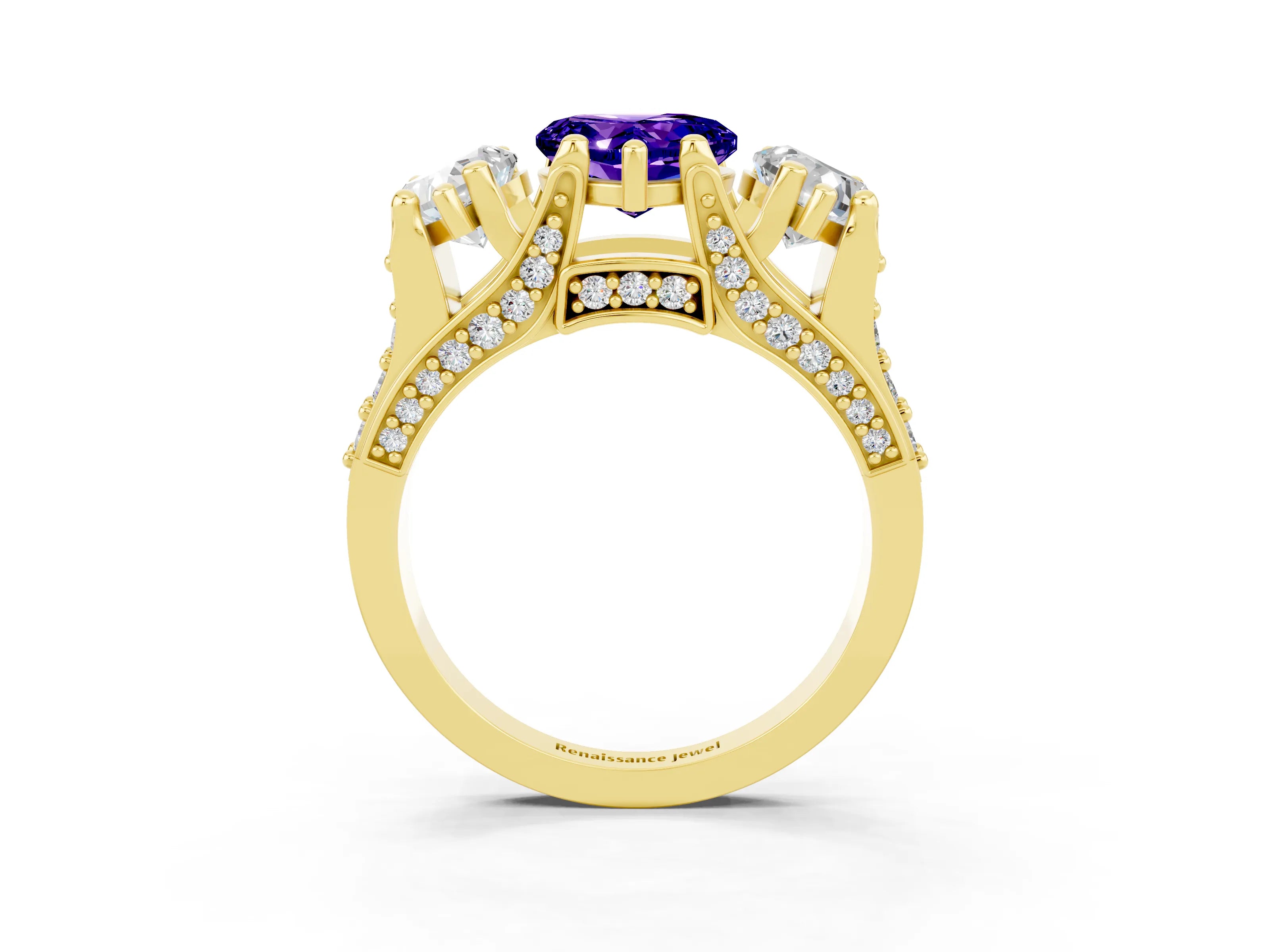 Yellow gold Heart Cut Tanzanite Three-Stone Ring with Channel Set Band and Four-Prong Setting_3