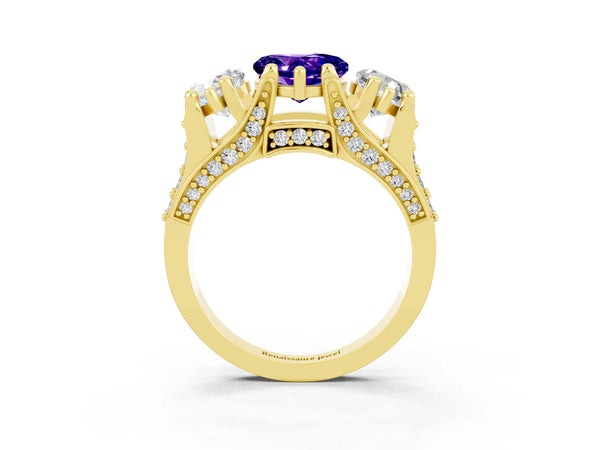Yellow gold Heart Cut Tanzanite Three-Stone Ring with Channel Set Band and Four-Prong Setting