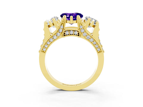 Yellow gold Heart Cut Tanzanite Three-Stone Ring with Channel Set Band and Four-Prong Setting_3