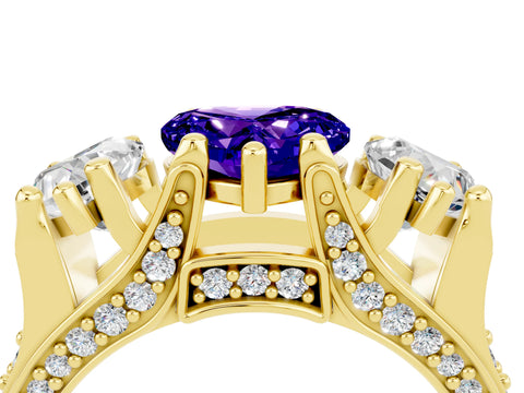 Yellow gold Heart Cut Tanzanite Three-Stone Ring with Channel Set Band and Four-Prong Setting_4