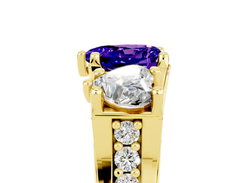 Yellow gold Heart Cut Tanzanite Three-Stone Ring with Channel Set Band and Four-Prong Setting_5