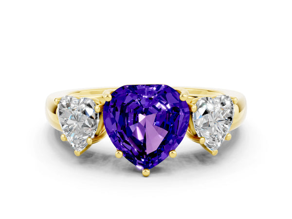 Yellow gold Heart Cut Tanzanite Three-Stone Ring with Four-Prong Setting and Classic Band
