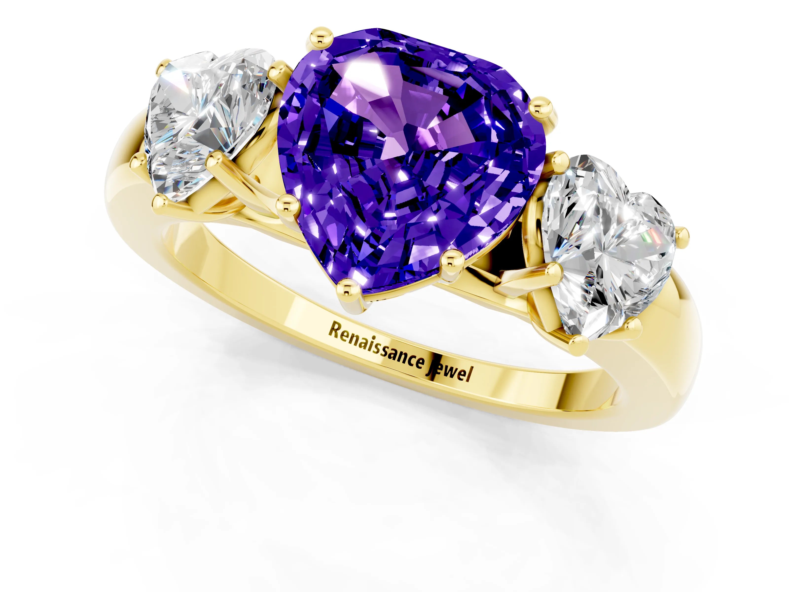 Yellow gold Heart Cut Tanzanite Three-Stone Ring with Four-Prong Setting and Classic Band_1
