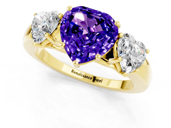 Yellow gold Heart Cut Tanzanite Three-Stone Ring with Four-Prong Setting and Classic Band