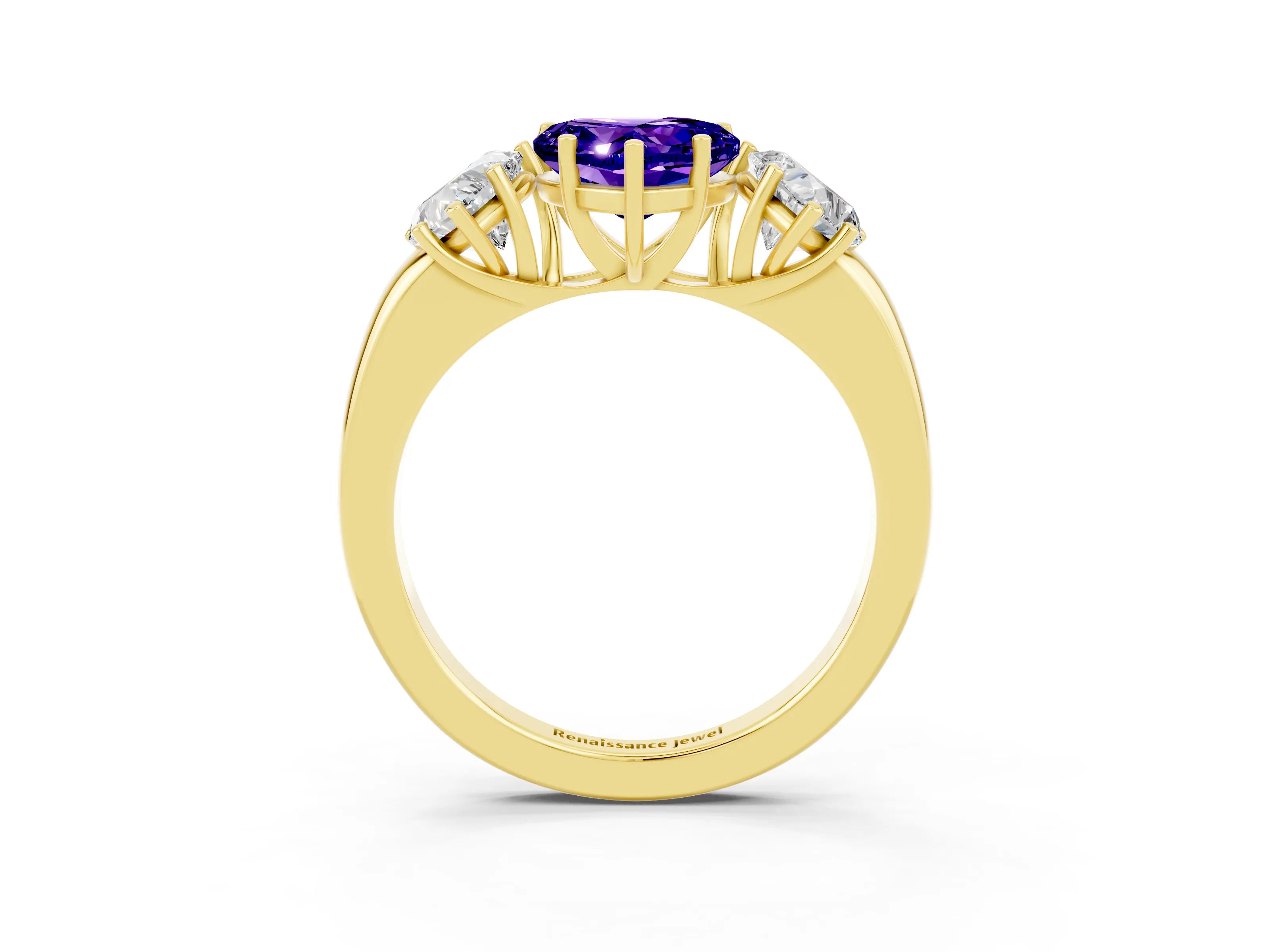 Yellow gold Heart Cut Tanzanite Three-Stone Ring with Four-Prong Setting and Classic Band_3