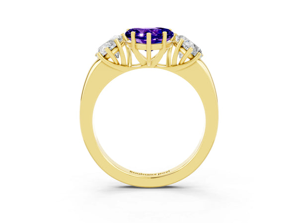 Yellow gold Heart Cut Tanzanite Three-Stone Ring with Four-Prong Setting and Classic Band