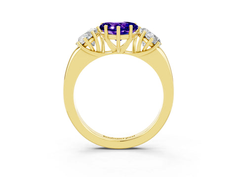 Yellow gold Heart Cut Tanzanite Three-Stone Ring with Four-Prong Setting and Classic Band_3