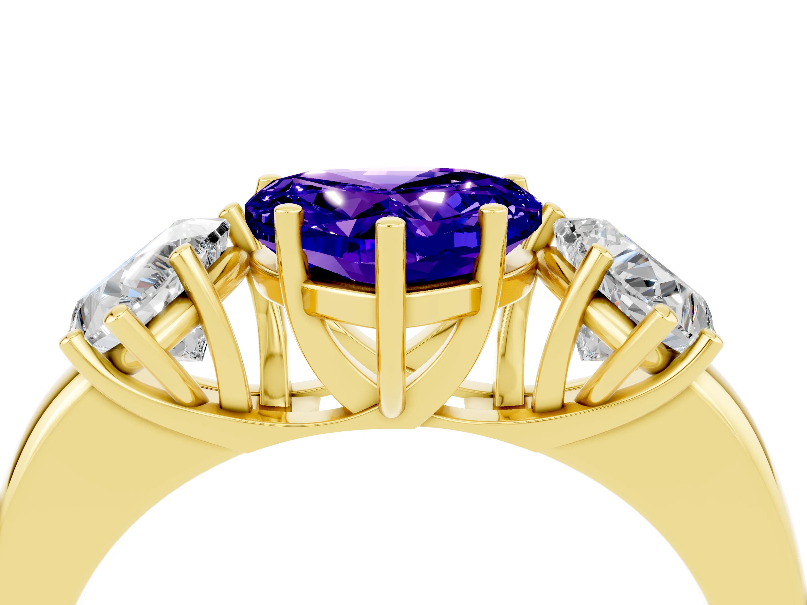 Yellow gold Heart Cut Tanzanite Three-Stone Ring with Four-Prong Setting and Classic Band_4