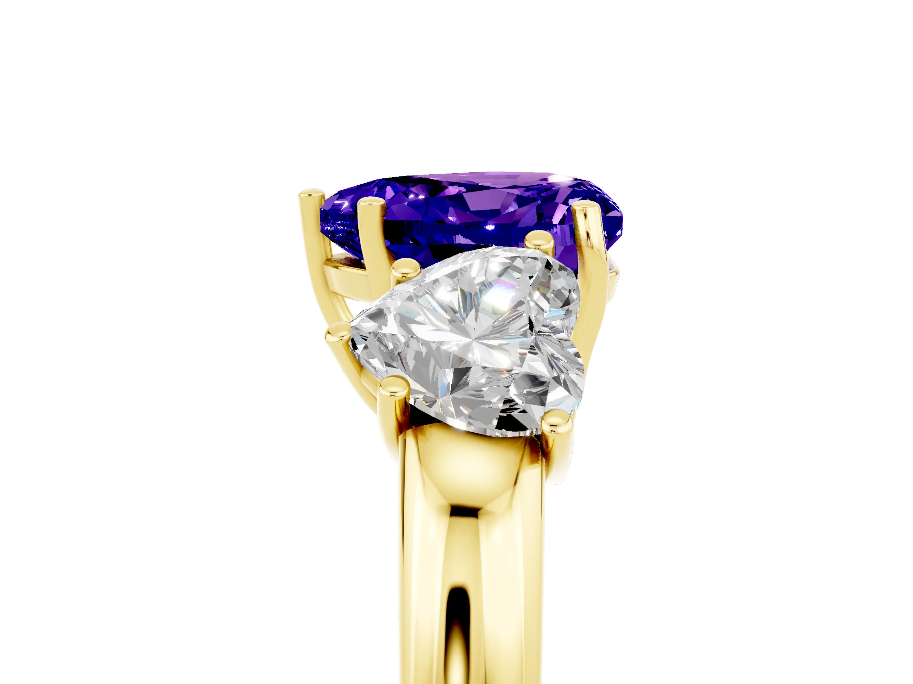Yellow gold Heart Cut Tanzanite Three-Stone Ring with Four-Prong Setting and Classic Band_5