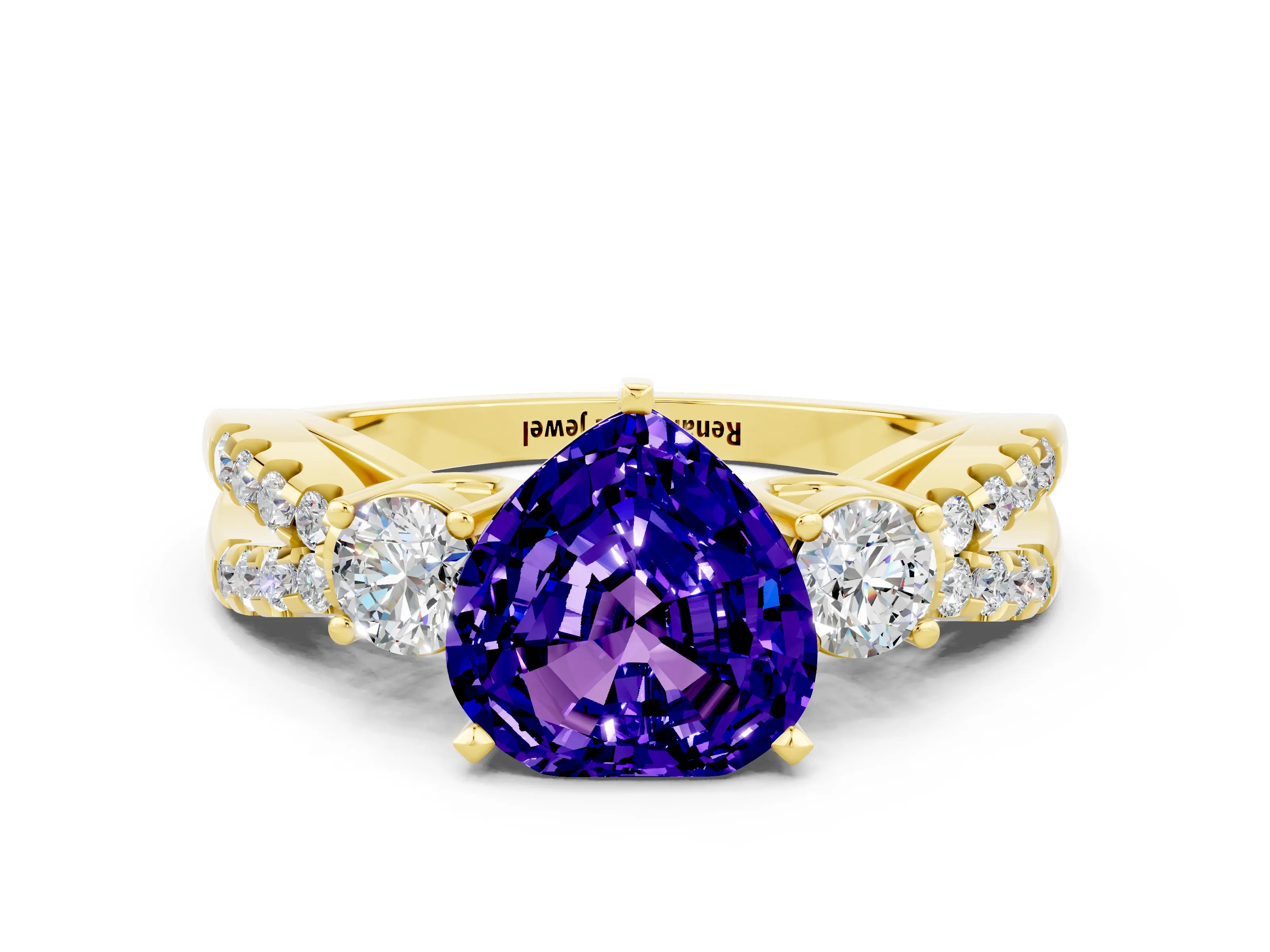 Yellow gold Heart Cut Tanzanite Three-Stone Ring with Pavé Split Shank and Four-Prong Setting