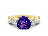 Yellow gold Heart Cut Tanzanite Three-Stone Ring with Pavé Split Shank and Four-Prong Setting